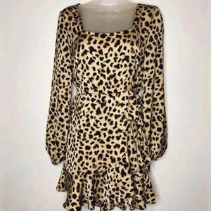 Express Leopard Print Square Neck Ruffle Wrap Dress